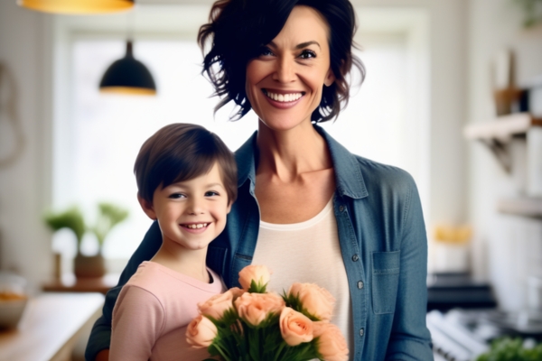 single mom with kid and flower